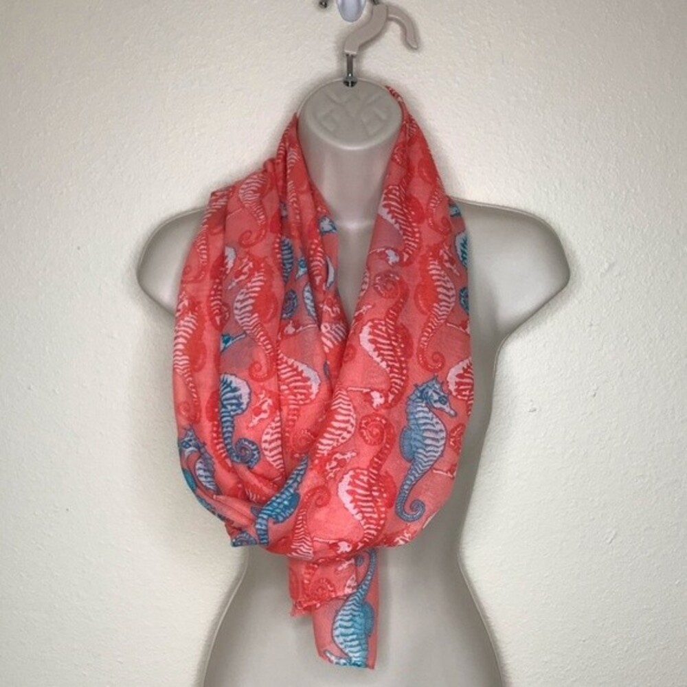 Seahorse Graphic Coral Aqua Teal Long Rectangle Scarf 22 X 71 Lightweight